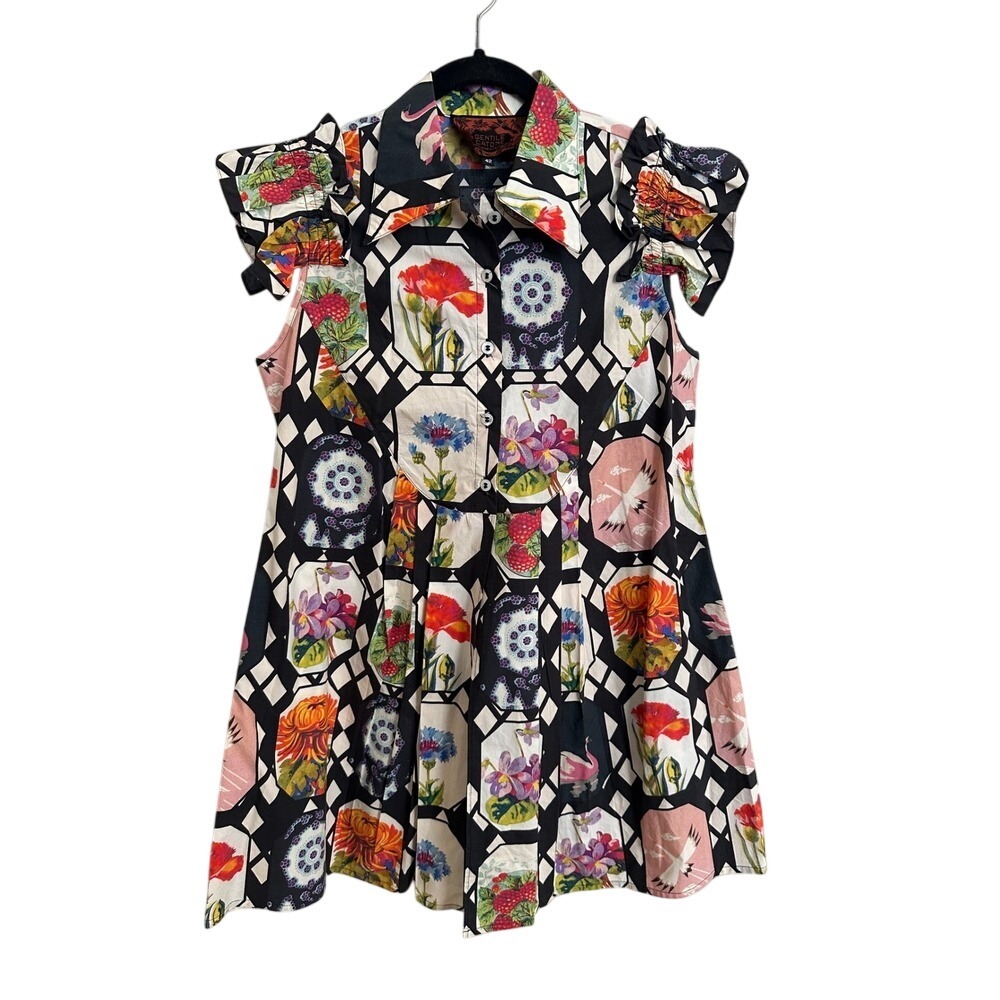 Gentle Catone Italy Floral Swan Geometric Print Pleated Mini Dress IT 42 / US S